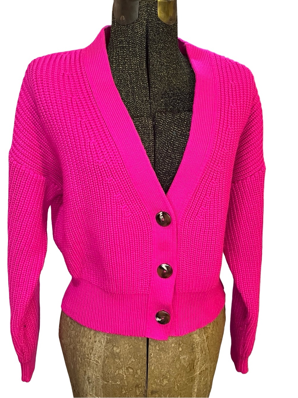 Anthropologie Maeve Hot Pink Chunky Knit Cropped Cardigan Sweater - Picture 3 of 11